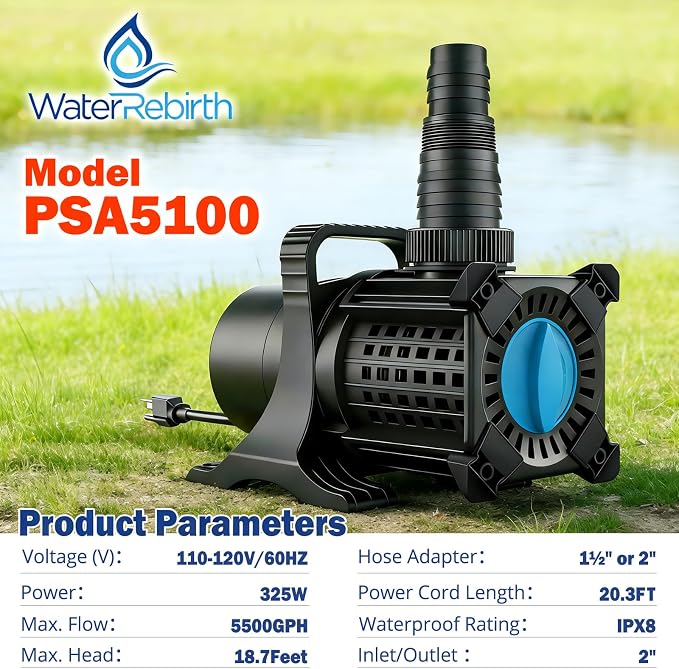 Pond Pump, 5500GPH 325W Adjustable Flow Submersible Water Pump 18.7ft Max Lift, Copper Motor IPX8 Waterproof for Koi Pond, Waterfall, Fountain, Irrigation & Drainage