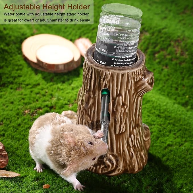 Hamster Water Bottle for Glass Tank, 3-in-1 Adjustable 80ML Gerbil Water Bottle with Stand Holder, Chew Proof Ceramic Water Dispenser for Dwarf Syrian Hamster Mice Rat