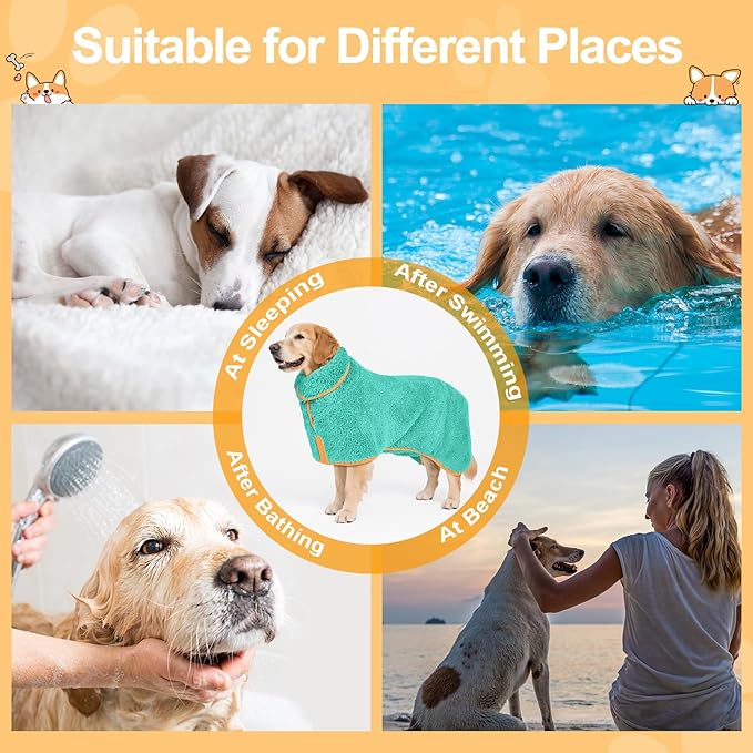 Bienbee Dog Bathrobe, Quick Drying Super Absorbent Dog Robes for After Bath, Warm Keeping Dogs Towel, Dogs Bath Supplies, Lake Green L