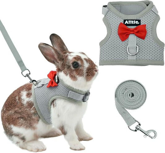 AIITLE Bunny Harness and Leash Set with Cute Bow, Soft Breathable Mesh Vest Harness for Rabbits Kitten Ferret Small Pig Puppy Walking Supplies Grey M