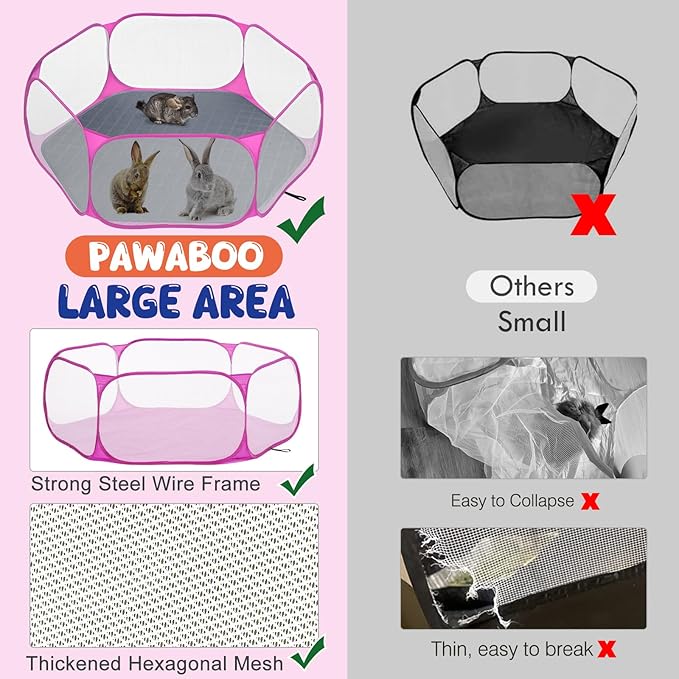 Pawaboo Small Animals Playpen with Pad, Waterproof Small Pet Cage Tent with Reusable Pad, Portable Outdoor Yard Fence for Chick/Kitten/Puppy/Guinea Pig/Rabbits/Chinchillas, Pink + Gray