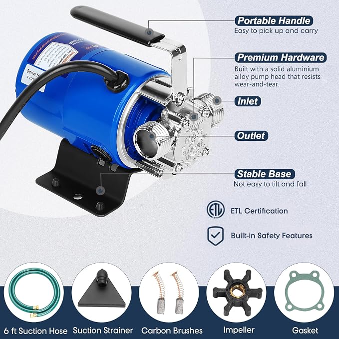 TecHome Electric Water Transfer Pump, 115V 1/10HP 330GPH Water Pump. | with ON/OFF Switch and Water Suction Hose Kit.