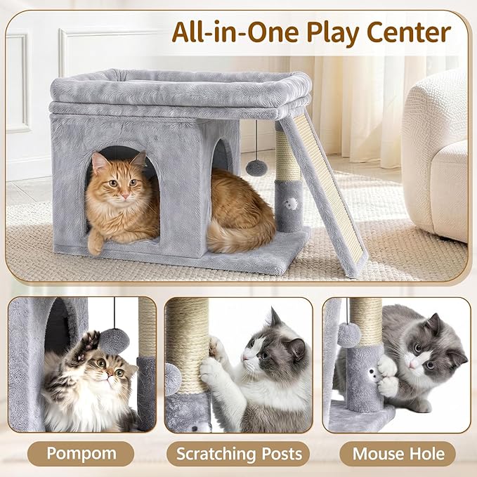 Cat Tree Tower Bed with Scratching Post for Indoor, Heavy Duty Small Stand House Condo for Large Cats & Kittens, Platform Perch Hideout Climb Rest Area, Modern Sturdy Furniture, Light Gray
