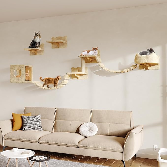 9-in-1 Cat Wall Shelves, Stable & Safe Wall Mounted Cats Shelf Furniture Set with Plush Fabric, Wooden Cat Climbing Wall Systems with Scratching Post, Bridge Ladder, Floor Space-Saving, Beige