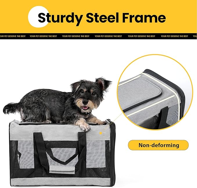 Conlun Cat Carrier Airline Approved, Soft-Sided Dog Carrier with Inner Safety Leash, Pet Transport Carrier for Small-Medium Cats Puppies up to 15 Lbs, Collapsible Travel Kitten Carrier Bag -Gray M