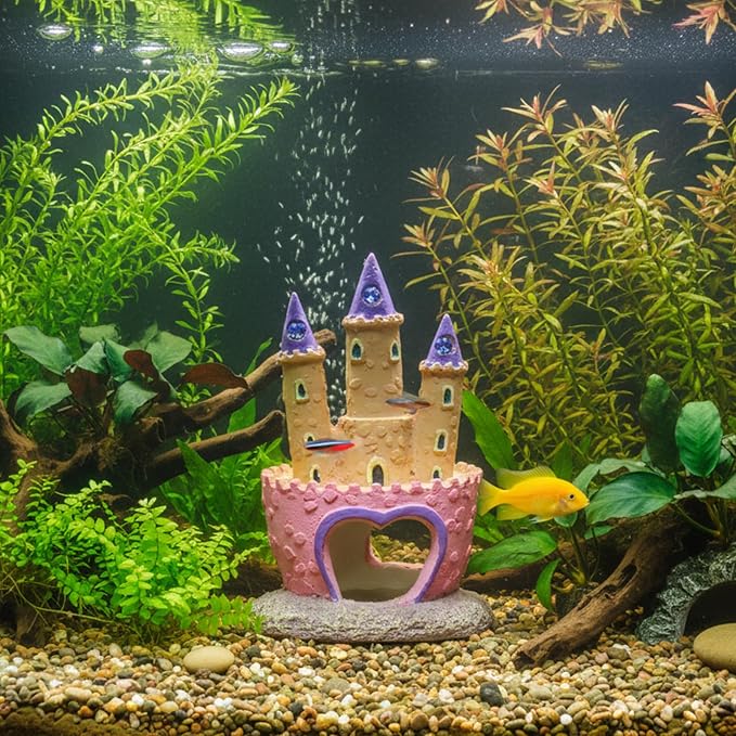HEVSTIL 3D Resin Aquarium Castle, Cartoon Fish Tank Ornament Safe for Tanks | Available in multicolor & pink. Non-toxic, safe for all fish. Provides cave hideout for betta, shrimp, cichlids. Medium size