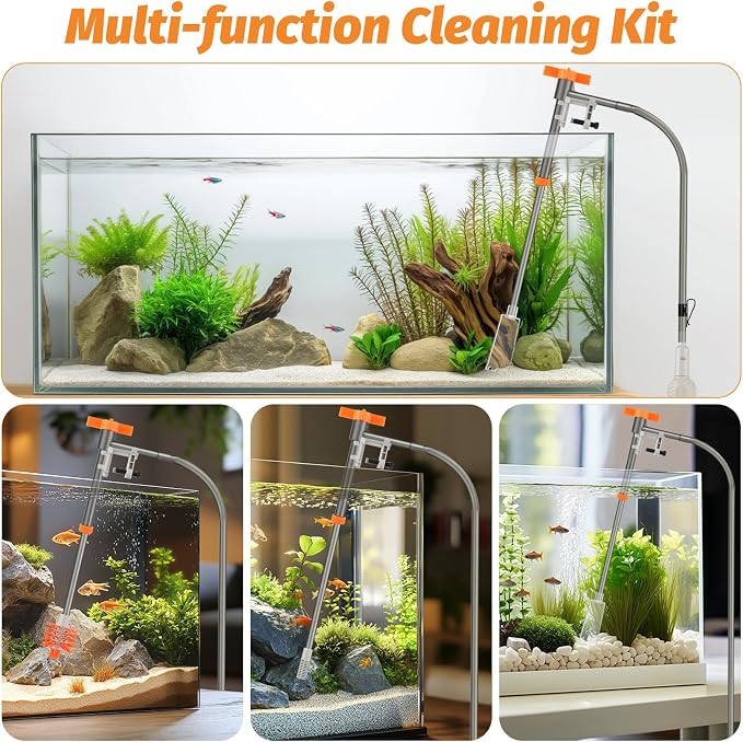 AQQA Aquarium Siphon Vacuum Cleaner Kit with 3 Replaceable Heads (M) | Simultaneous Water Changing, Cleaning in Fish Tanks, Gravel and Sand Cleaning (M)