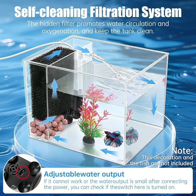 Betta Fish Tank Small Aquarium 1 Gallon Self Cleaning Fish Tank Starter Kit with Filter,Light and Adjustable Water Pump All-in-one Smart Desktop Aquarium for Shrimp Goldfish (Upgrade Filter Media)