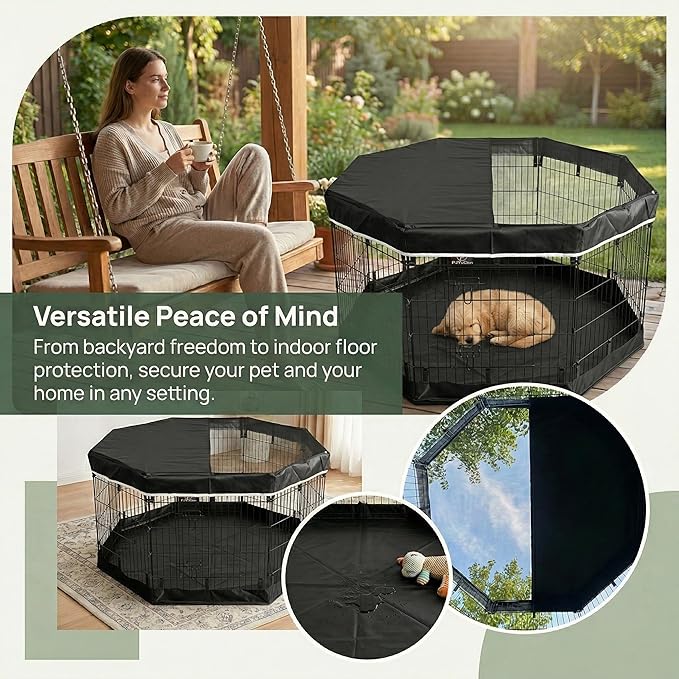 PJYuCien Dog Playpen with Top Cover and Bottom Pad - Metal Foldable Exercise Pen, 8 Panels 30" H x 24" W Indoor Outdoor Pet Fence Puppy Crate Kennel, Black