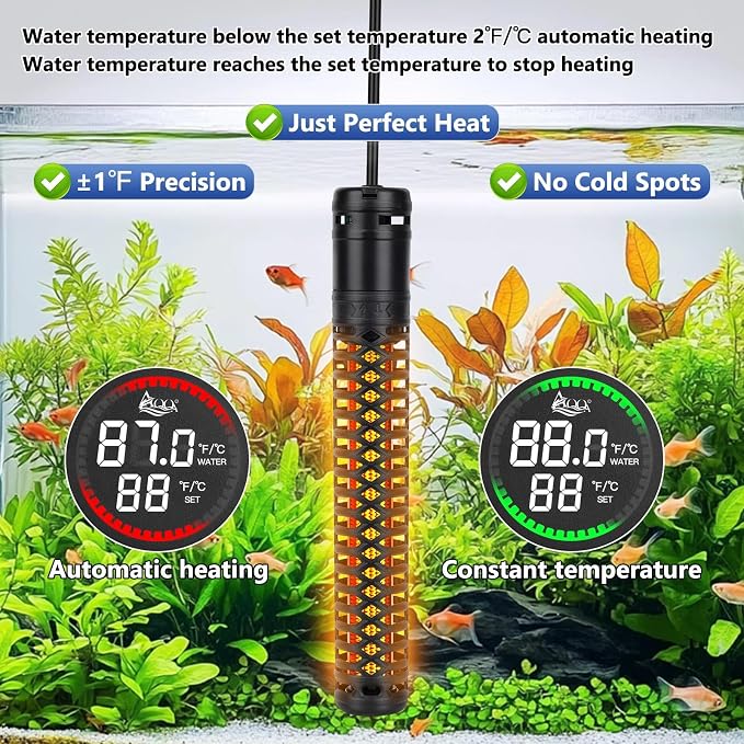 AQQA 1000W Aquarium Heater, Fish Tank Heater with Digital Thermostat | Over-Temperature and Dry-Run Protection, for Over 150 Gallon Freshwater, Saltwater, Turtle Betta Fish Tank Aquarium