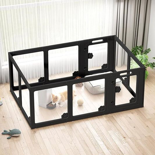Albott Acrylic Clear Dog Playpen Indoor, Modular Puppy Cat Small Pet Play Pen with 2 Doors, Transparent Fence for Little Dogs, Cats, Rabbits, Easy Assemble and Disassemble, Black (24" H, 10 pcs)