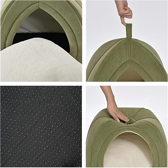 Amazon Basics Cat Cave Bed, 2-in-1 Foldable House for Indoor Cats, with Washable Cushion and Non-Slip Base, 15 x 15 Inches, Small, Green
