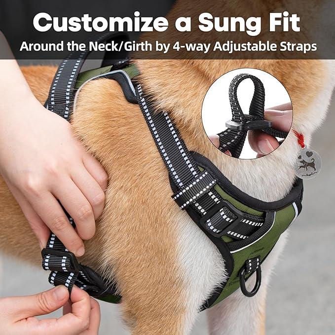 PoyPet No Pull Dog Harness with Handle Reflective Padded Vest for Small Medium Large Dogs, Adjustable Puppy Harnesses with Front & Back Clip Easy Walking (Military Green,L)