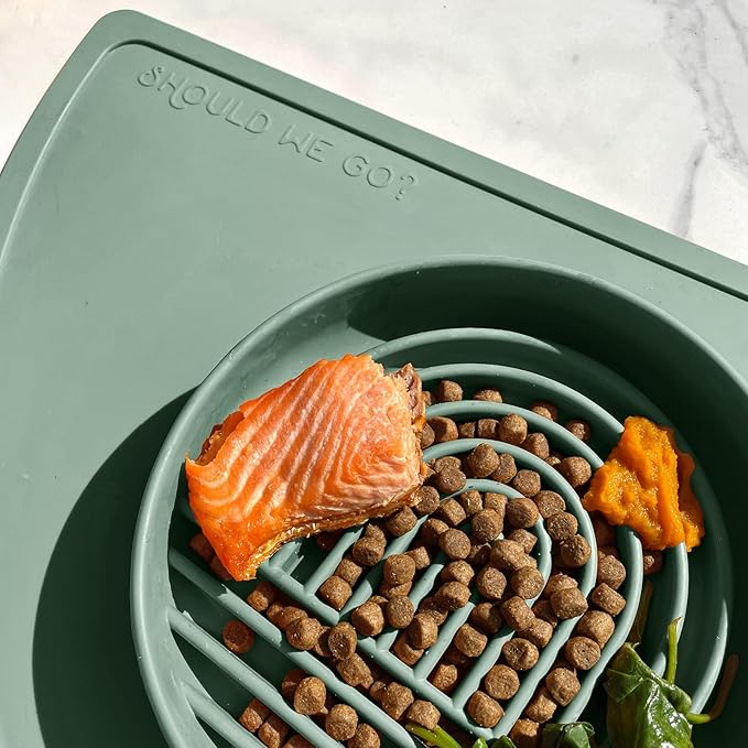 Should We Go? Slow Feeder for Dogs & Puppies, The Slowdown Bowl Silicone Slow Eating, Modern Lick Mat Design, Reduces Gulping, Fits 2 Cups, 7.5” Across x 1.5” Tall, Mealtime Challenge, Medium-Spruce