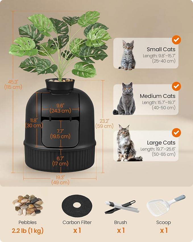 Feandrea Plant Cat Litter Box Enclosure with Artificial Plant, Enclosed Hidden Litter Box Furniture with Door, Carbon Filter, Odor Control, Pebbles, Scoop, Brush, Ink Black UPPT006B101