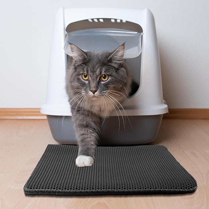 Cat Litter Mat - 24x15 Waterproof Litter Box Mat with Dual-Layer Honeycomb Design for Trapping Litter - Slip-Resistant Cat Mat by PETMAKER (Black) (Pack of 2)