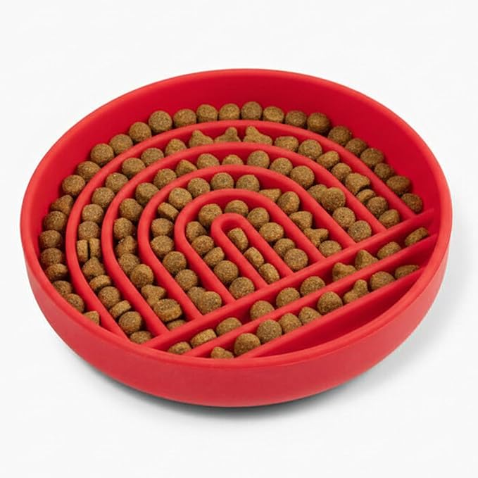Should We Go? Slow Feeder for Dogs & Puppies, The Slowdown Bowl Silicone Slow Eating, Modern Lick Mat Design, Reduces Gulping, Fits 2 Cups, 7.5” Across x 1.5” Tall, Mealtime Challenge, Medium-Cherry
