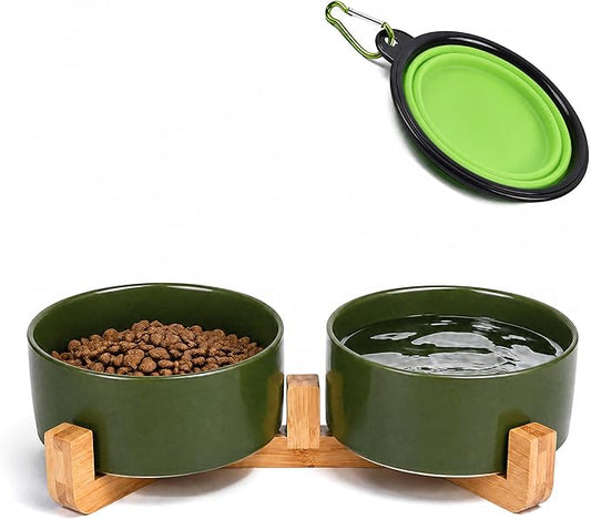 Petygooing Ceramic Dog Cat Bowl Set with Stand, Pet Food and Water Dishes,Medium Pet Bowl Anti -Slip Set of 2 Cat Dish-Pet Food Bowls Small Medium Size Dog (28OZ/6.1 in) Rust Green