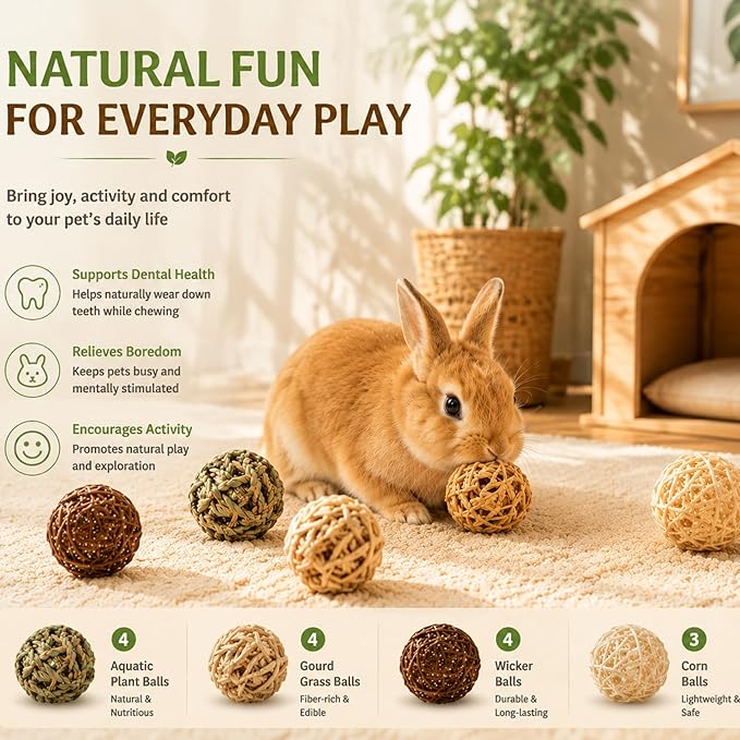 Skylety 15 Pieces Bunny Chew Balls for Rabbits, Small Animal Rolling Grass Toys and Treats for Guinea Pigs, Chinchillas, Hamsters, Mice, Teeth Grinding, Gnawing and Play(Classic Style,2.76")