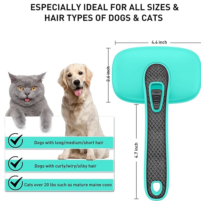 Self Cleaning Slicker Brush for Dog & Cats, Skin Friendly Deshedding Grooming Tool for Shedding Long and Short Haired Pets, Easy Clean Retractable Bristles, Green