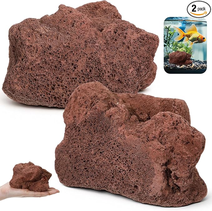 Hicarer 2 Pack Aquarium Red Lava Rock 4''- 6'' Fish Tank Volcanic Rocks Stone for Water Clarification and Odor Removal, Fish Tank Decoration Landscape Stone