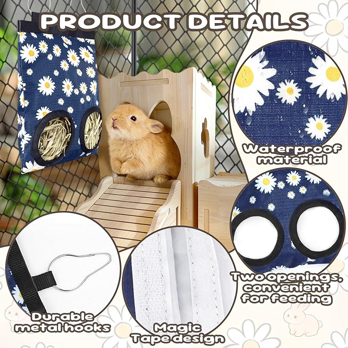 2 Pack Rabbits Hay Feeder Bag, 2 Holes Hanging Bunny Hay Feeder Guinea Pig Feeding Bag Storage Dispenser for Bunny Rabbits Chinchillas Hamsters Small Pets and Animals