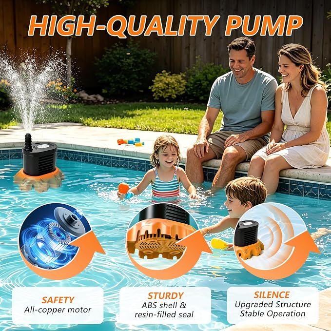 Pool Cover Pump Above Ground, 850 GPH Submersible Sump Pump for Pool Drain | 16FT Drain Hose, 25FT Power Cord, 3 Adapters, Safety and Sturdy, Powerful Water Removal for Pool Cover and Above Ground Pool