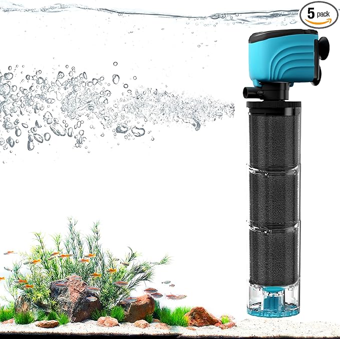 Submersible Aquarium Filter, Upgraded 100-300 Gallon Fish Tank Filter with Fish Guard, Internal Whisper Pump for Turtle Tank, Debris Tray, Check Valve, Fresh/Saltwater, 15-Inch