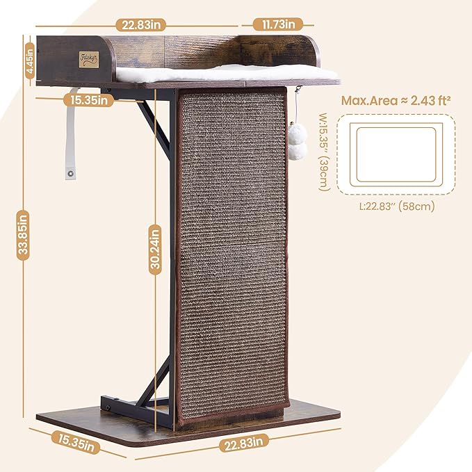 Modern Wood Cat Tree Tower for Indoor Large Cats, 33.8-Inch Tall Wooden Cat Trees with Big Perch Bed, Cat Scratching Pads, Washable Cushions and Scratching Mat, Cat Furniture, Rustic Brown