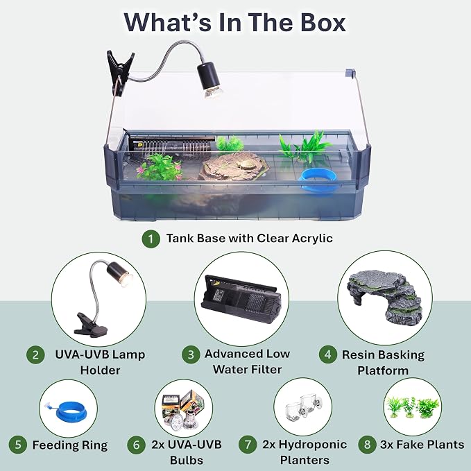 Large Turtle Tank Kit for Aquatic Turtles – Complete Starter Habitat with Filter, UVB Lamp, Basking Platform, Plants, Feeding Ring – Turtle Aquarium Kit (Black)
