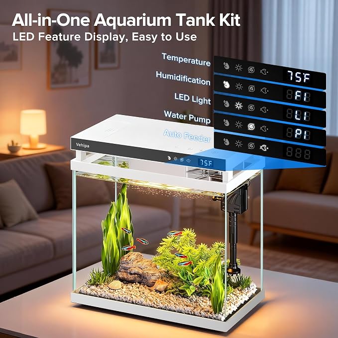 Vehipa Fish Tank Aquarium, 2.2 Gallon White Smart Fish Aquarium Kits | with Auto Feeder, Silent Water Pump, Temperature Display, Smart Humidifier & 7-Color Lighting, for Office & Home