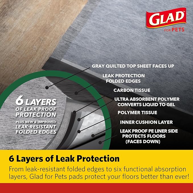 Glad for Pets Black Charcoal Puppy Pads, 23 x 23 Inch, 6-Layer Leak-Resistant Design, Activated Carbon Odor Control, Pheromone Attractant for Potty Training, 14 Count - 2 Pack
