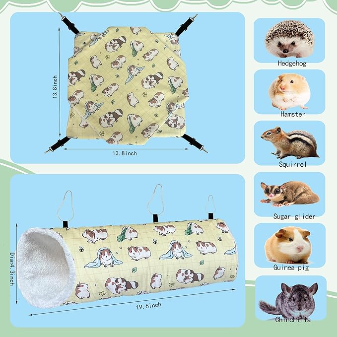 Small Pet Hammock & Tunnel Set for Ferrets, Guinea Pigs, Rats - Plush Hideout Bed & Cage Toy, 2-Pack, Yellow Guinea Pig Print