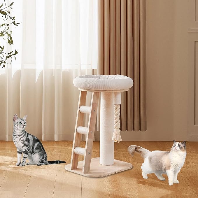 Modern Cat Tree Small Tower with Scratching Post for Indoor, Solid Wood Multifunctional Corner Cat Tree Tower with Bed