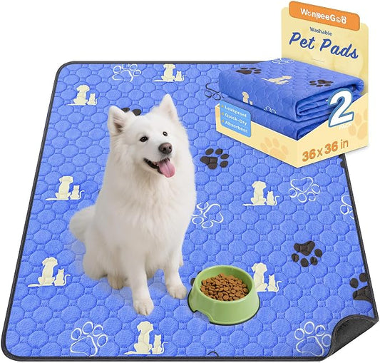 WanpeeGoo Washable Pee Pads, Puppy Pee Pad for Dogs, 2 Pack Absorbent Reusable Training Dog Pads Pet Puppy Pads, Non-Slip Potty Pads for Whelping, Playpen, Crate, Bed, Blue 36"x36"
