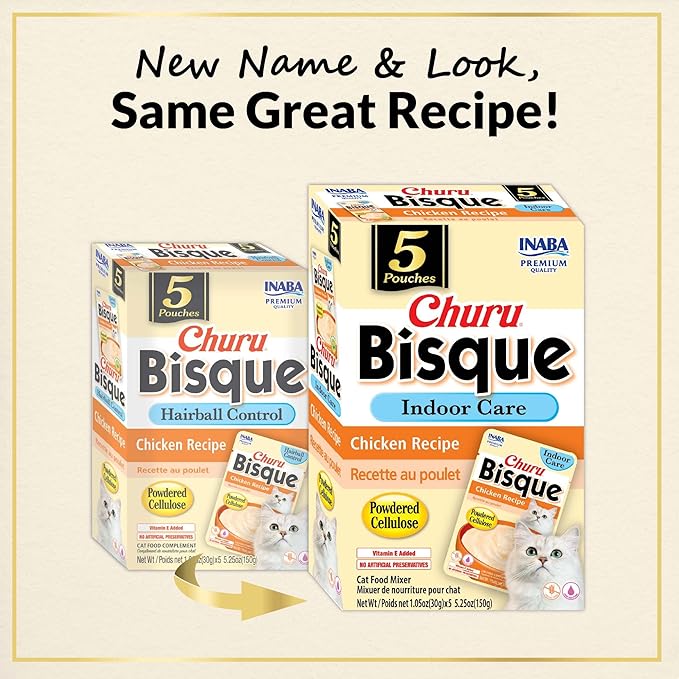 INABA Churu Bisque Indoor Care for Hairball Control for Cats, Creamy Lickable Purée Side Dish with Vitamin E, 1.05 Ounce Pouch, 15 Pouch, Chicken Recipe