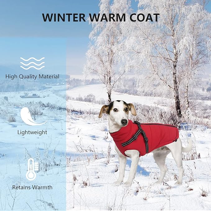 Geyecete Winter Warm Coat Waterproof Dog Jacket with Harness Traction Belt,Pet Outdoor Jacket Dog Autumn and Winter Clothes-Red-XL