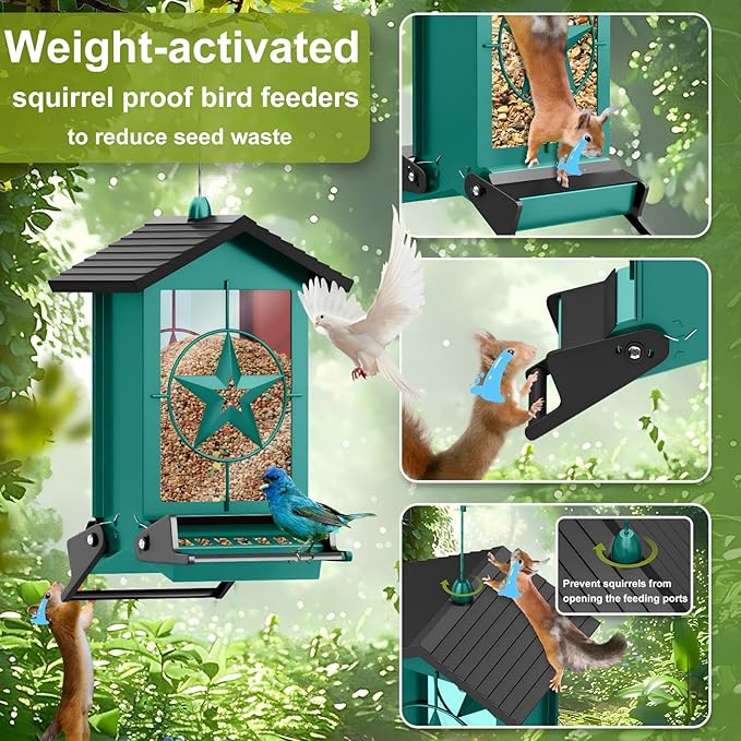 Squirrel Proof Bird Feeders for Outdoors with Weight-Activated, Metal 5LB Large Wild Bird Feeders for Cardinals,Blue Jay,Finch, Weatherproof Durable Hanging Bird Feeder for Backyard,Garden (Green)