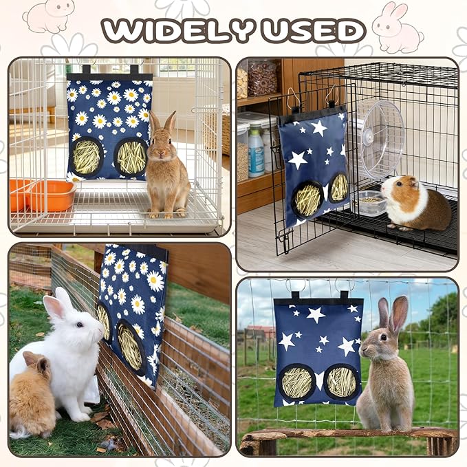 2 Pack Rabbits Hay Feeder Bag, 2 Holes Hanging Bunny Hay Feeder Guinea Pig Feeding Bag Storage Dispenser for Bunny Rabbits Chinchillas Hamsters Small Pets and Animals