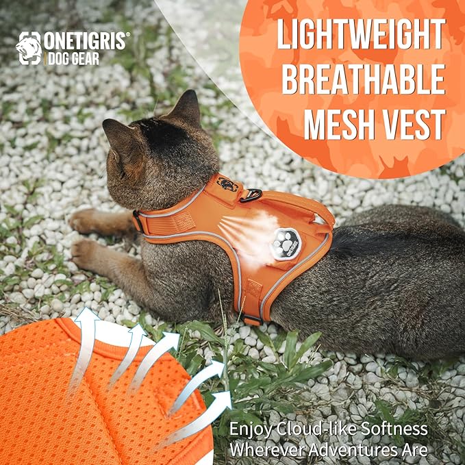 OneTigris Cat Harness and Leash - Escape Proof Soft Adjustable Cat Harness, Breathable, Comfortable, Durable Water-Resistant Tactical Vest with Reflective Strips and Pocket for Cat Tracker