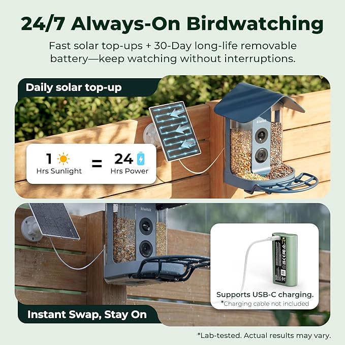 Kiwibit Smart Bird Feeder with Camera, Solar Powered for Outdoors, Bird Species AI Identification, 8MP Photo, 4K Video Livestream, Real-Time Bird Alert, Birdwatching Gifts for Bird Lovers, Bluejay Sky