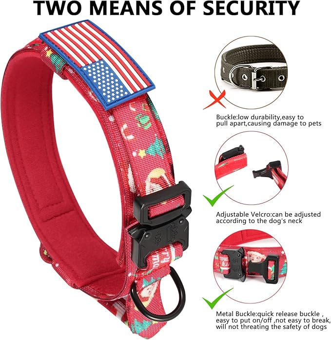 DAGANXI Christmas Tactical Dog Collar, Adjustable Military Training Nylon Dog Collar with Control Handle and Metal Buckle for Medium and Large Dogs, with Patches and Airtags Case (L, Christmas red)
