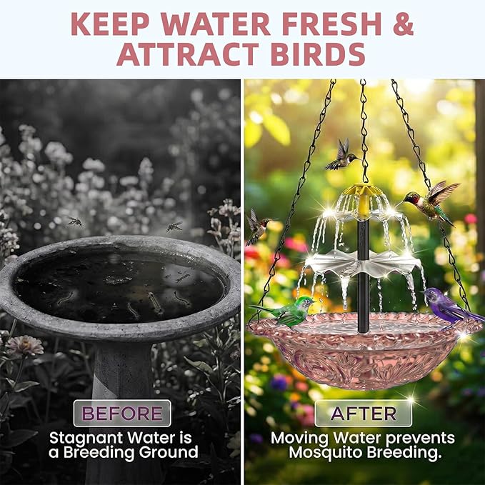 Solar Fountain for Bird Bath, Hanging Cascade Water Feature for Outdoor Garden & Yard Decor, Creates a Relaxing Flow that Attracts Birds (Pink(XL))