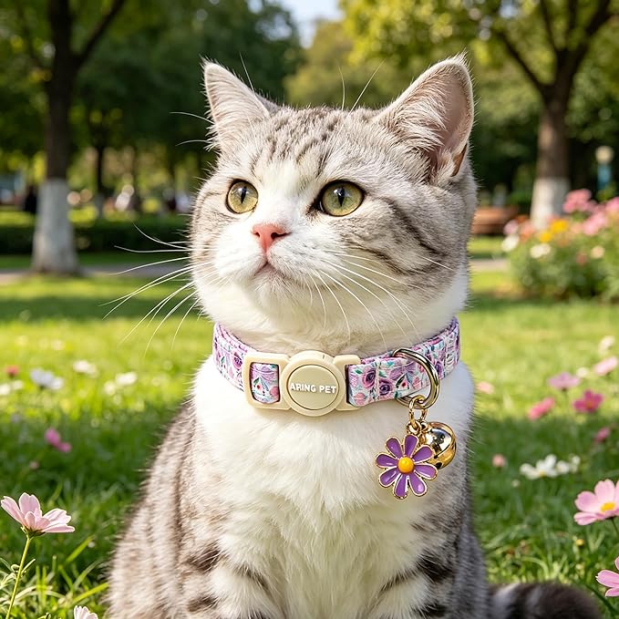 ARING PET 2 Pack Cat Collars with Bell, Cute Soft Cotton Kitten Kitty Breakaway Spring Summer Cat Collars for Boy Girl Cats-Pink & Purple Floral