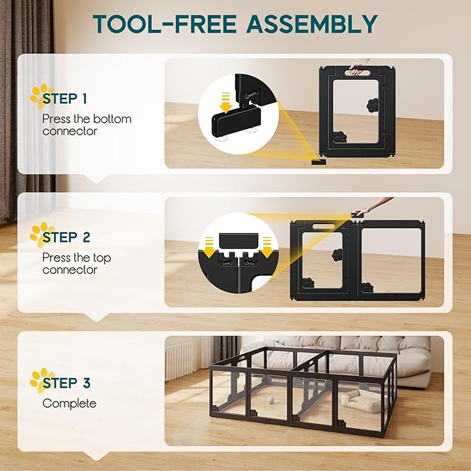 Albott Acrylic Clear Dog Playpen Indoor, Modular Puppy Cat Small Pet Play Pen with 3 Doors, Transparent Fence for Little Dogs, Cats, Rabbits, Easy Assemble and Disassemble, Black (24" H, 17 pcs)