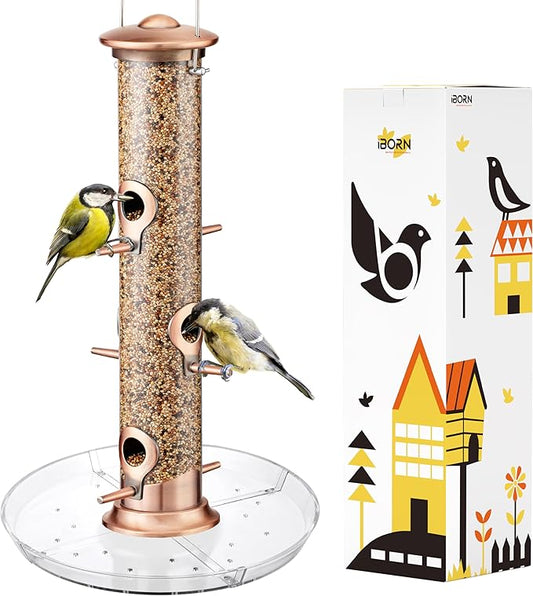 iBorn Bird Feeders Seed Catcher for Outside Hanging 6 Port Bird Feeder for Cardinal Birds Aluminium Metal,Brushed Copper Finishing 14 Inch 6 Port (Seed is not Included)