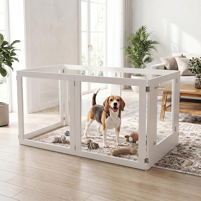 Heavy Duty Clear Acrylic Dog Playpen for Small/Medium Pets – 32" High Clear Pet Pen with Sturdy Metal Frame (White, 2 Extended Panels)