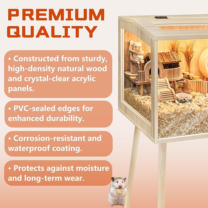 PROLEE Hamster Cage Wooden Chew Proof, Extra Large Mice and Rat Habitat Openable Top with Acrylic Sheets Solid Built Small Animal Cage with Leg Stands, 24 Inch Long