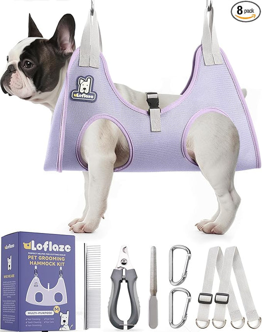 Loflaze Dog Grooming Hammock Harness for Dogs & Cats with Pet Nail Clipper Trimmer - Cat Hanger Sling for Trimming Clipping Nails- Dog Hammock Restraint Bag for Small Medium Large pet （ Purple M）