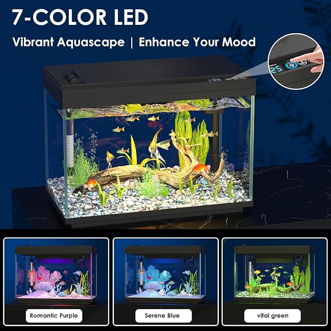 Smart Fish Tank Starter Kit with Smart Temperature Display & Wireless Control, 5.8 Gallon Fish Tank Self Cleaning, 3-in-1 Quiet Filter Pump, 7-Color LED, Heater, Feeder for Beginner Aquarium
